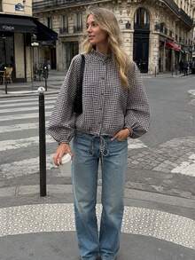 Women Gingham Plaid Cropped Jacket Stand Collar Raglan Sleeve Drawstring Hem Button Casual Coat - Brown - View 7