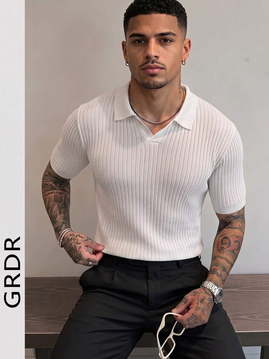 GRDR Men's Summer Solid Color Polo Collar Short Sleeve Knit Sweater, Suitable For Summer Outings, Essential For Fashionable Styling