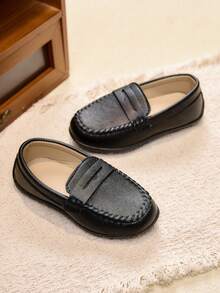 1 Pair Unisex Kids' Vintage British Style Loafers, Soft Sole Stitched Slip-On Shoes, Suitable For School, School Uniform, Stage Performance - Black - View 3