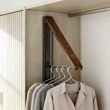 Vintage Foldable Wall-Mounted Clothes Rack, Black Walnut Wood Grain + Space Aluminum Alloy Bracket Design, Foldable Telescopic Drying Rod, Suitable For Wall, Door, Window And Other Multiple Scenes, Space-Saving Clothes Storage Rack For Bedroom, Balcony, Bathroom - Multicolor - View 9