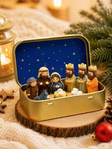 Christmas Nativity Scene Figurine Set In Tin Box, Christmas Nativity Scene Set, Jesus Statue, Suitable For Holy Family Theme, Statue Tin Box Set, Handmade Small Nativity Scene Set, Holiday Decoration, Gift For Friends, Nativity Scene Set And Statue For Christmas Decoration, Resin Material Small Nativity Scene Figurine Set, Indoor Christmas Decoration Home Gift, Suitable For Desk And Office Display, 1 Set - Multicolor - View 2