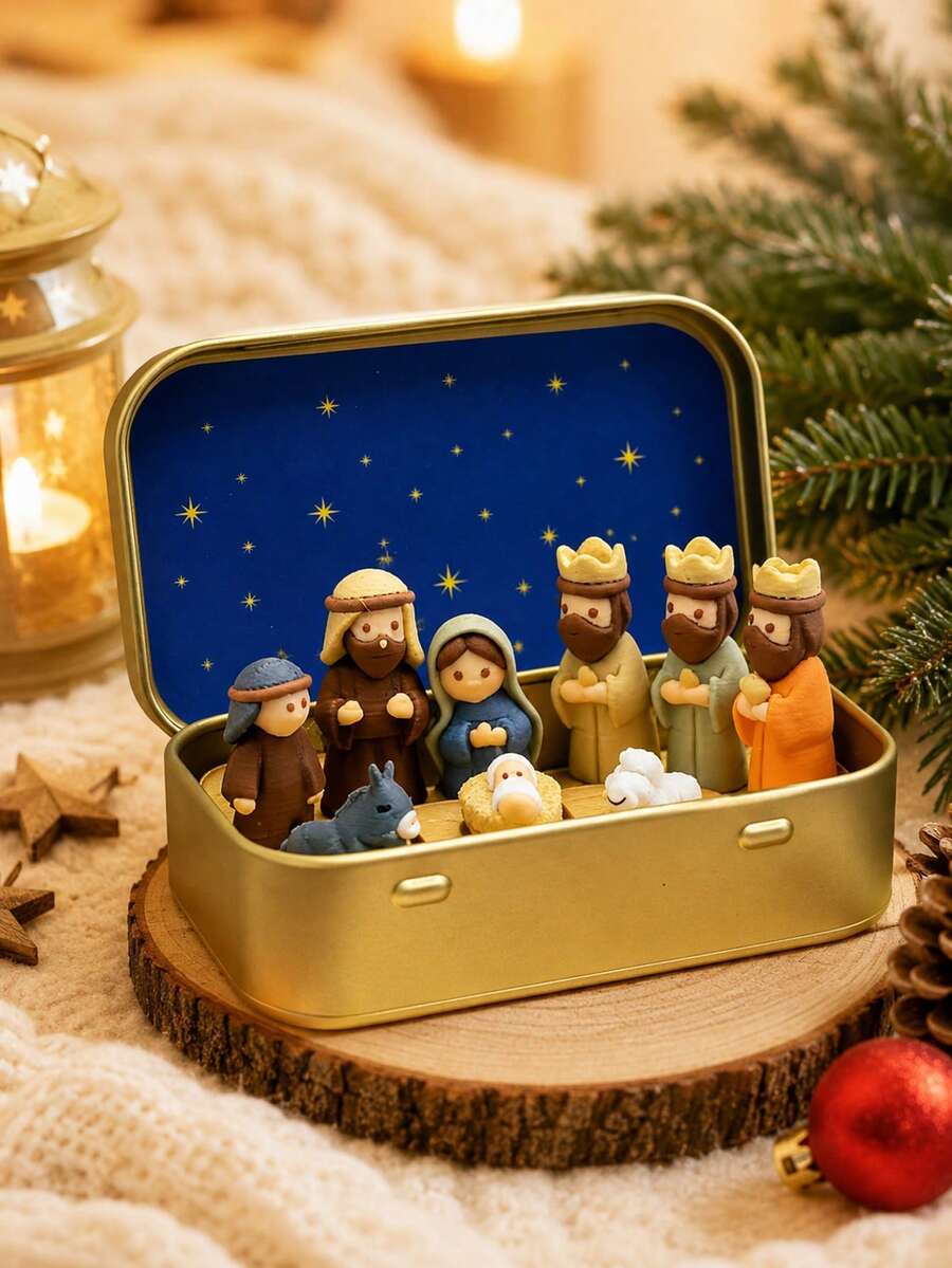 Christmas Nativity Scene Figurine Set In Tin Box, Christmas Nativity Scene Set, Jesus Statue, Suitable For Holy Family Theme, Statue Tin Box Set, Handmade Small Nativity Scene Set, Holiday Decoration, Gift For Friends, Nativity Scene Set And Statue For Christmas Decoration, Resin Material Small Nativity Scene Figurine Set, Indoor Christmas Decoration Home Gift, Suitable For Desk And Office Display, 1 Set