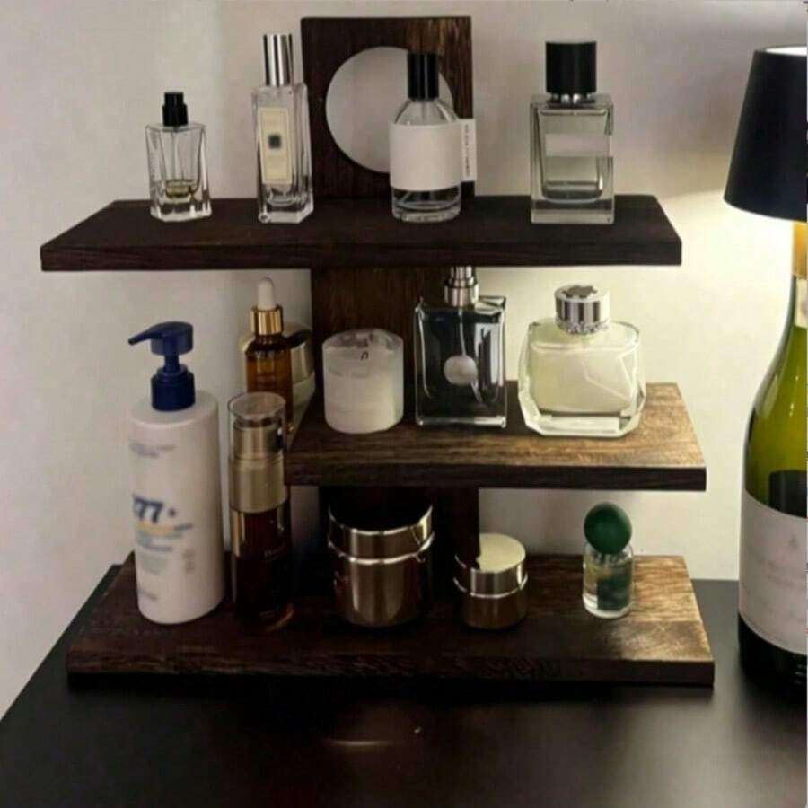 1pc Vintage Wooden Perfume Storage Rack, Nostalgic Style, Solid Wood Material, Cosmetic Organizer, Multi-Layer Display Shelf - Brown - View 1