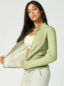 Solid Fleece Zip Up Jacket Women's Mandarin Collar Thumbhole Double Line Design Concert Birthday Gym Wear - Green - View 2