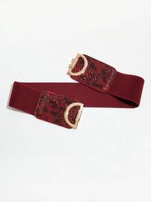 1件女款優雅時尚D字母洋裝，雙鈕扣彈性腰帶設計 - 紅色 - 查看 2