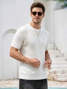 Mercer Haus Men's Summer Fashion Classic Crew Neck Cable Knit Short Sleeve Sweater, Suitable For Summer - White - View 1
