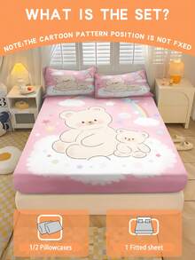 2/3PCS Pink Background Cartoon Bear Fitted Sheet Set Soft Breathable Bedding For All Seasons Twin/Full/Queen 100% Polyester Machine Washable - Multicolor - View 1