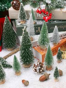 15pcs Mini Christmas Tree Decor Set - 5 Sizes Bottle Brush Christmas Trees With Wooden Bases, Miniature Pine Trees For Christmas Party Home Desktop Craft Decoration - Christmas Tree Decorations - View 3