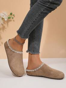 Vintage Lace Trim Closed Toe Slippers For Women, Slouchy Outdoor Wear Soft Sole Backless Shoes - Beige - View 4