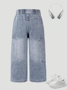 Tween Boy Loose Straight Leg Big Pocket Denim Jeans - Blue - View 4