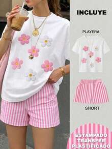 2 Playera Blanca con Short Rayas Rosa con Blanco