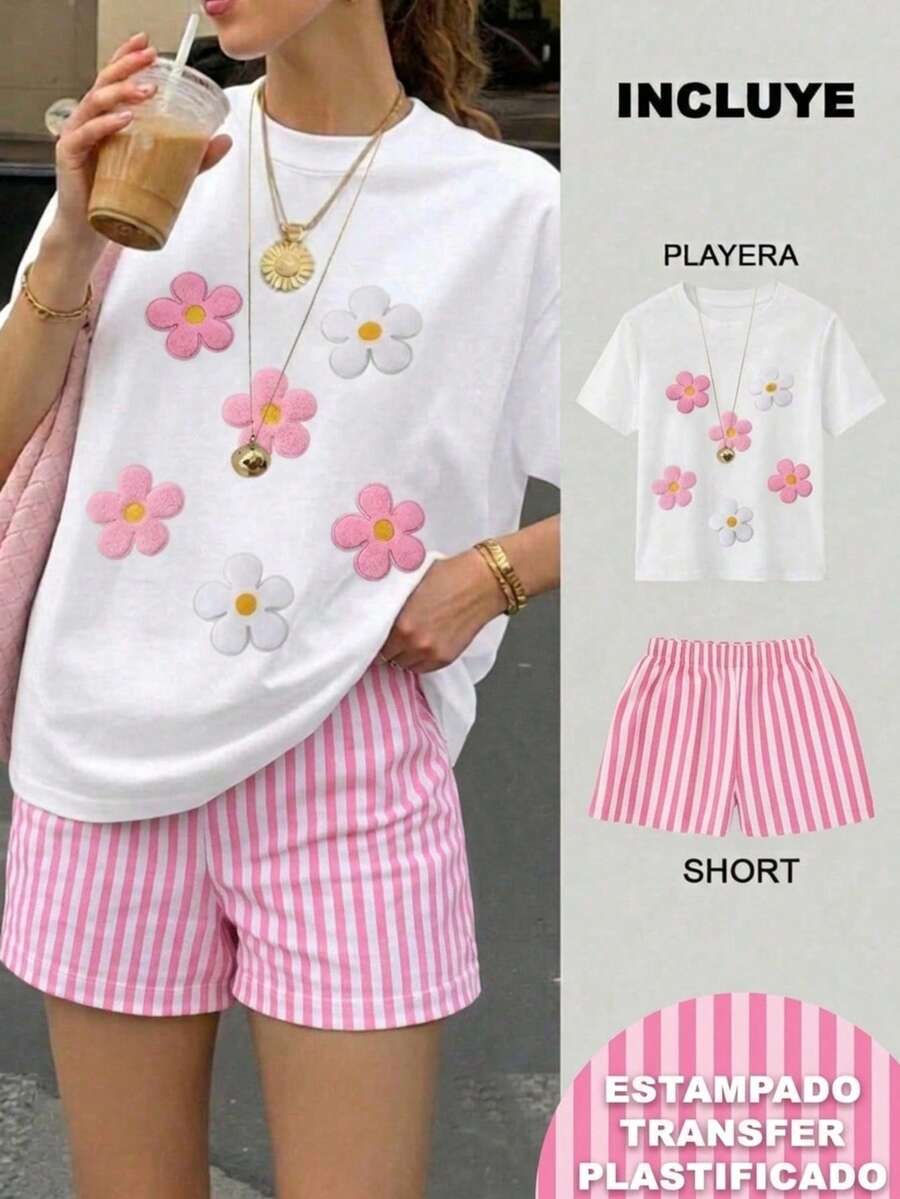 Women Two-Piece Outfits - 2 Playera Blanca con Short Rayas Rosa con Blanco - View 1