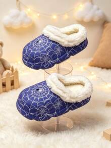Boy's And Girl's Children's Spider-Web Pattern Fleece Slip-On Slip-On Shoes With Holes. Children's Warm Home Shoes, Suitable For Daily Use At Home. - Blue - View 5