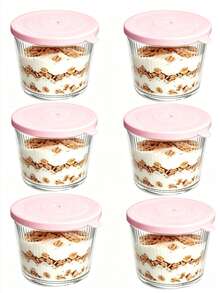 1/6 Pack Small Glass Bowls With Lids, 6.8oz, Transparent Striped Glass Containers, Stackable, Suitable For Desserts, Pudding, Sauces, Salads, Nuts, Oatmeal, Candy, Sweets, Cereals, Etc. - Multicolor - View 1
