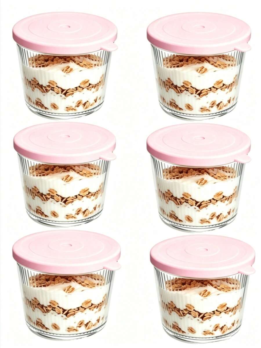 1/6 Pack Small Glass Bowls With Lids, 6.8oz, Transparent Striped Glass Containers, Stackable, Suitable For Desserts, Pudding, Sauces, Salads, Nuts, Oatmeal, Candy, Sweets, Cereals, Etc. - Multicolor - View 1