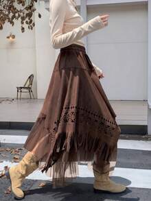 Elegant Women's Brown Bohemian Asymmetrical Long Dress With Tassels, Mesh And Hollow Design, Perfect For Autumn - Coffee Brown - View 5