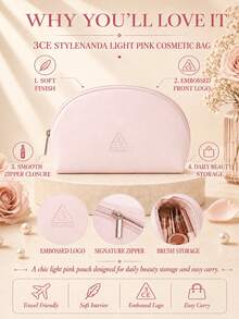3CE Sanxi Jade Light Pink Makeup Bag, Soft Light Pink Fabric, Zipper Closure, Large Capacity, Lightweight And Soft, Multi-Functional Storage, Portable For Commuting, Travel, And Home Use - Pink - View 5