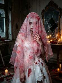 1pc Halloween Ghost Bride Costume Set, Blood-Stained Veil, Halloween Costume Accessories, Party Headpiece Costume Props, Suitable For Halloween, Theme Parties And Stage Performances - Multicolor - View 1