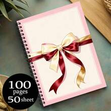 1pc Pink Edge Vintage Ribbon Bow Pattern Spiral Notebook, Gentle Girly Style Student Writing Notebook, School Use, Office Recording Essential, Back To School Must-Have - A - View 3