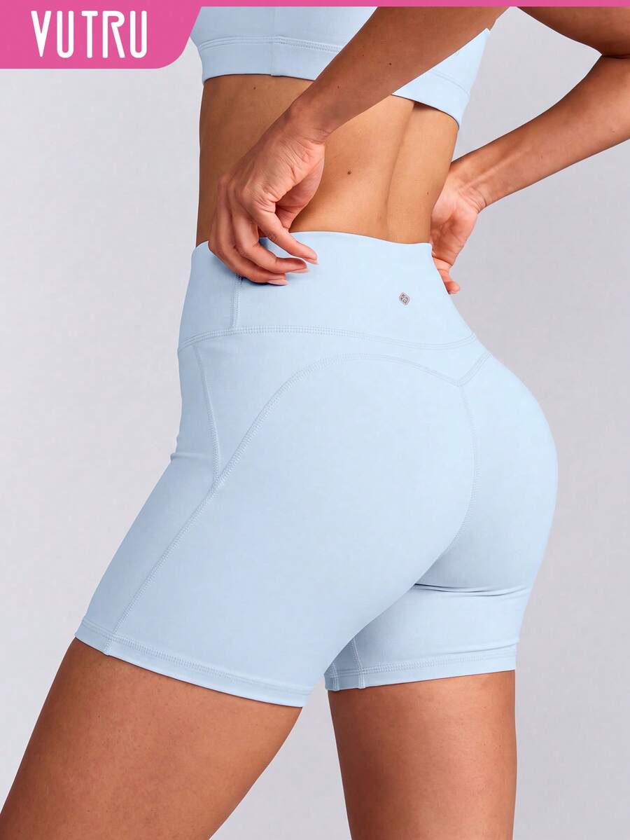 VUTRU 1pc High Waist Tight Fit Sports Shorts With Hidden Back Pocket, 3/4 Length Running Fitness Shorts - Baby Blue - View 1