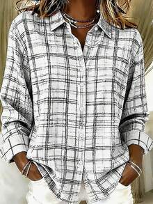 休閒時尚格紋印花女款大尺碼輕盈秋季長袖鈕扣襯衫 - 白色 - 查看 3
