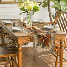 1pc Vintage Autumn Squirrel & Maple Leaf Print Table Runner, Retro Country Style, Polyester Stiff Fabric, Party & Dining Accessory, Farmhouse Dining Table Decor, Suitable For Kitchen Table, Coffee Table, Cabinet, Party, Wedding, Holiday Decoration - Multicolor - View 3