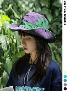 Wide Brim Quick-Dry Colorblock Hiking Bucket Hat, Mori Style Contrast Color Sun Protection Bucket Hat, Colorblock Bucket Hat For Women, Outdoor Sun Protection Camping Hiking Hat, Summer Sun Hat, Western Style Windproof Hat With Hanging Rope - Multicolor - View 6