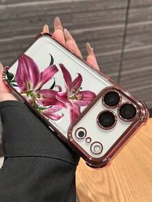 1件新款粉色百合花紋電鍍透明防摔軟 TPU 全包手機殼，適用於 iPhone 17 Pro、16e、16 Pro、15 Pro、14、13、12 和 11，簡約時尚防震軟殼，獨特創意，適合聖誕節、萬聖節、情人節、復活節、婚禮季和生日 - 粉色 - 查看 4