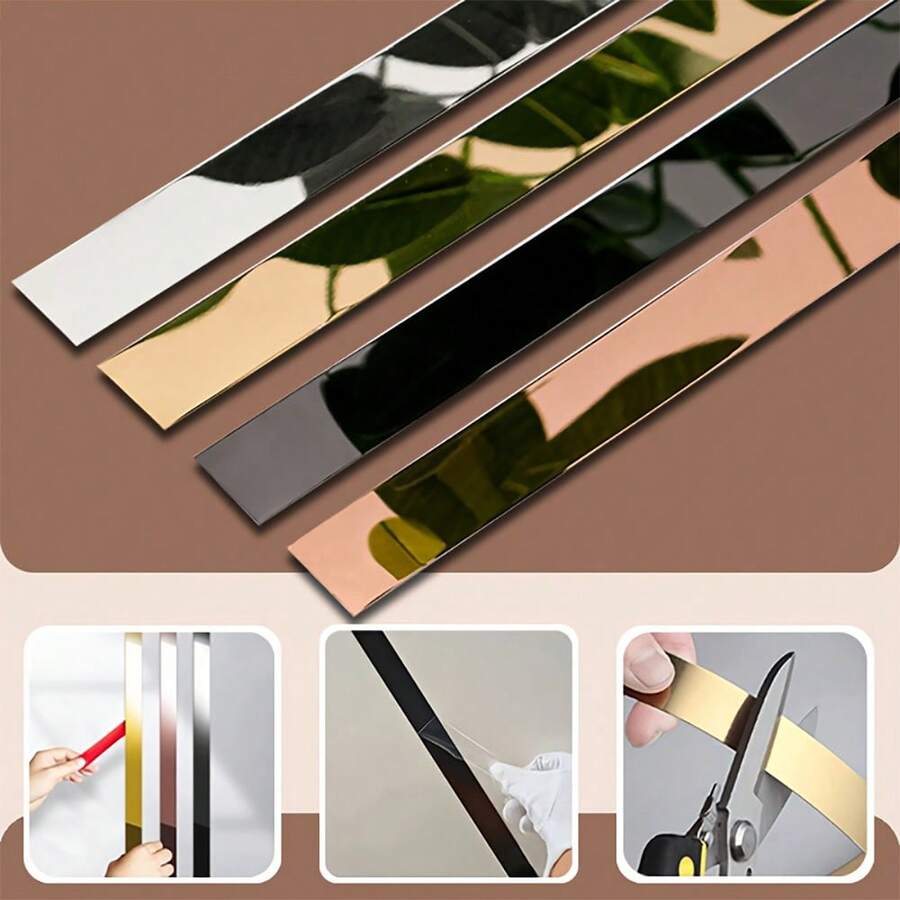 1roll Wall Sticker,Stainless Steel Flat Decorative Lines, Titanium Wall Ceiling Edge Strip Mirror Living Room Decoration, Home Decor, Spring Decorations, Home Refresh, Ramadan Decor Sticker Gift, Birthday Graduation Mirror Wall Decor, Wall Mirror