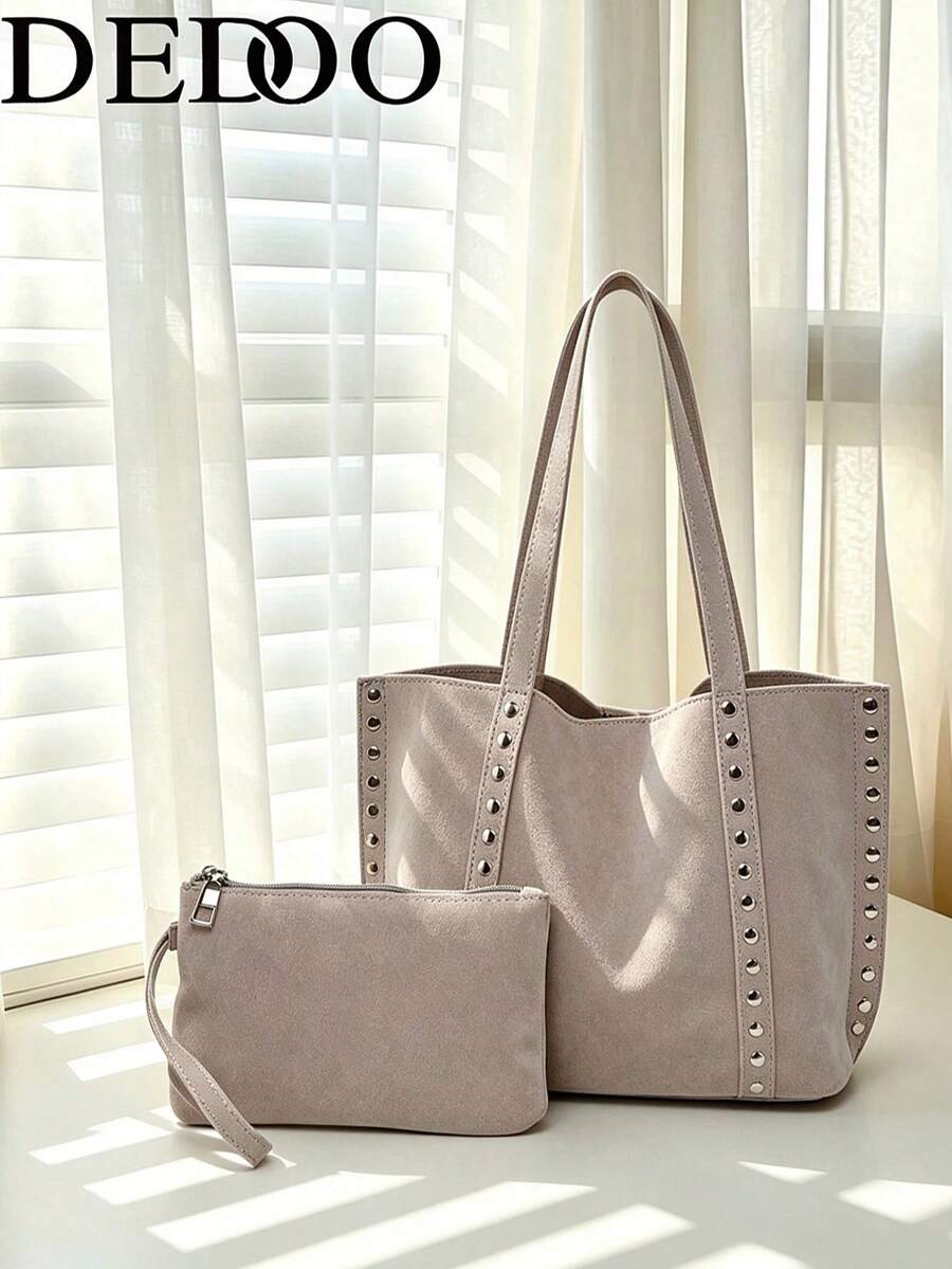 Black High Capacity Commuter Handbag, Women's Fashion Rivet Decor Shoulder Bag Unique Element Elegant Suede Design Handbag, Suitable For Dates, Daily, Shopping, Beach Vacation And Various Occasions (With Small Pouch Included)