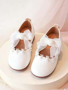 1 Pair Girls Princess Style Flat Ballet Shoes With Lace, Large Bow, Pearl Trim, Soft Sole, Non-Slip, Suitable For School, Party, Formal Occasions - White - View 1
