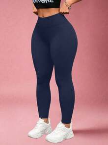Plus Size Women's High Waist Stretch Slimming Yoga Pants, Gym Yoga Wear, Summer Daily Casual Wear Leggings, Women's Clothing, Women's Leggings - Navy Blue - View 1