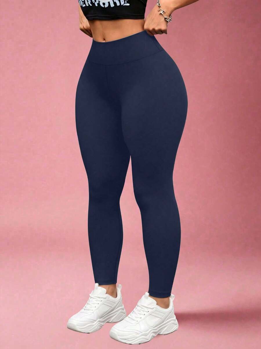 Plus Size Women's High Waist Stretch Slimming Yoga Pants, Gym Yoga Wear, Summer Daily Casual Wear Leggings, Women's Clothing, Women's Leggings - Navy Blue - View 1