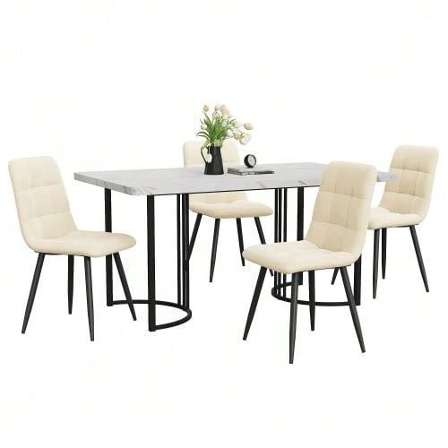 Dining Room Set (5 Pieces), Dining Table Set With 4 Chairs, Modern Kitchen Table Set, 140*80 Cm Kitchen Table With Gold Metal Legs, White MDF Tabletop, Beige Velvet Dining Chairs - Black and White - View 1