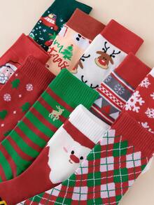 5 Pares de Meias de Natal Femininas Aleatórias de Outono/Inverno com Flocos de Neve, Renas, Papai Noel e Desenhos Animados de Casal até a Panturrilha - Multicolorido - Visão 2