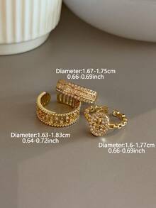 3pcs Old Money Style Cubic Zirconia Geometric Stackable Copper Rings Set, Suitable For Women's Daily And Party Wear, Quiet Luxury - Yellow Gold - View 4