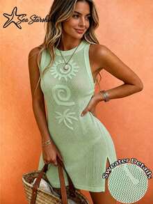 Bohemian Jacquard Knit Vest Dress, Sun And Palm Tree Pattern Coverup, Hollow-Out Vacation Beach Summer - Green - View 1