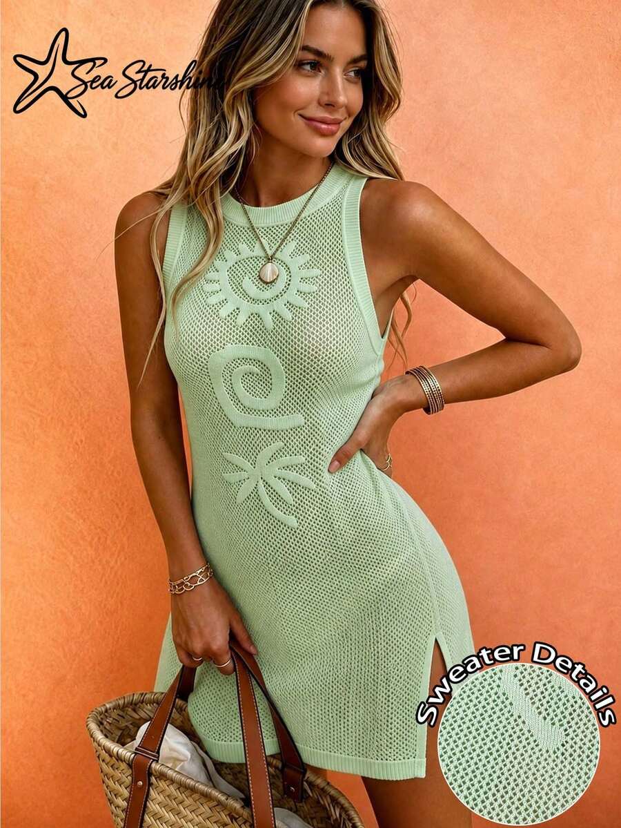 Bohemian Jacquard Knit Vest Dress, Sun And Palm Tree Pattern Coverup, Hollow-Out Vacation Beach Summer - Green - View 1