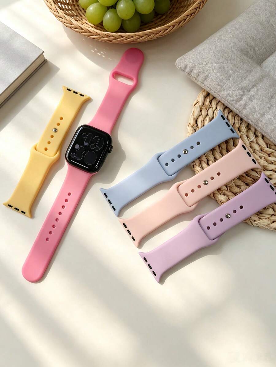 5pcs Unisex Smart Watch Bands, Classic Solid Color Soft Silicone Sports Wristbands, Adjustable Waterproof Replacement Straps, Compatible With Apple Watch 38/40/41/42/44/45/46/49mm Dial, Suitable For Apple Watch Ultra3-2, SE3-1 And 11/10/9/8/7/6/5/4/3/2/1 Series, Perfect For Daily And Holiday Wear - 5-piece Set - View 1