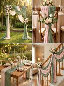 2pcs Set Pink + Grass Green Bohemian Pastoral Style Tulle Table Runner, Suitable For Wedding, Party, Anniversary, Birthday, Farmhouse Decor, Baptism, Home Decoration - Grass Green + Pink - View 6
