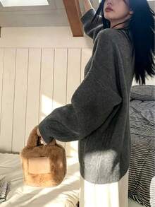 女款秋冬純色口袋百搭極簡寬鬆針織開襟外套 - 中灰色 - 查看 5