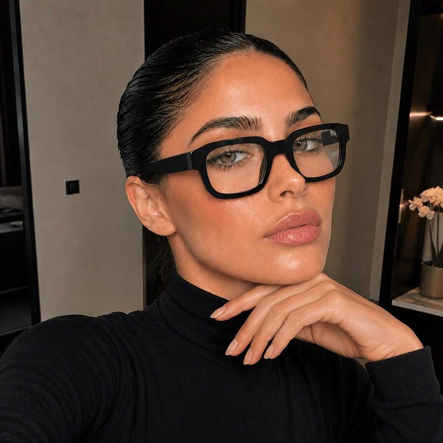 1pc Women's Black Frame Square Non-Prescription Glasses, Minimalist Luxury Design, Oversized Frame For Slimmer Face, Versatile For Daily Wear - Multicolor - View 1