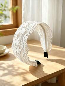 1pc White Floral Lace Wide Headband, Elegant Vintage Women's Hair Accessory For Daily Wear And Party - Multicolor - View 3