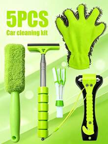 5PCS Car Cleaning Set: 5-Finger Wash Mitt, Chenille Wheel Sponge Brush, Air Vent Duster, Rearview Mirror Squeegee, Multi-Function Emergency Escape Window Breaker Hammer - 5pcs - View 1