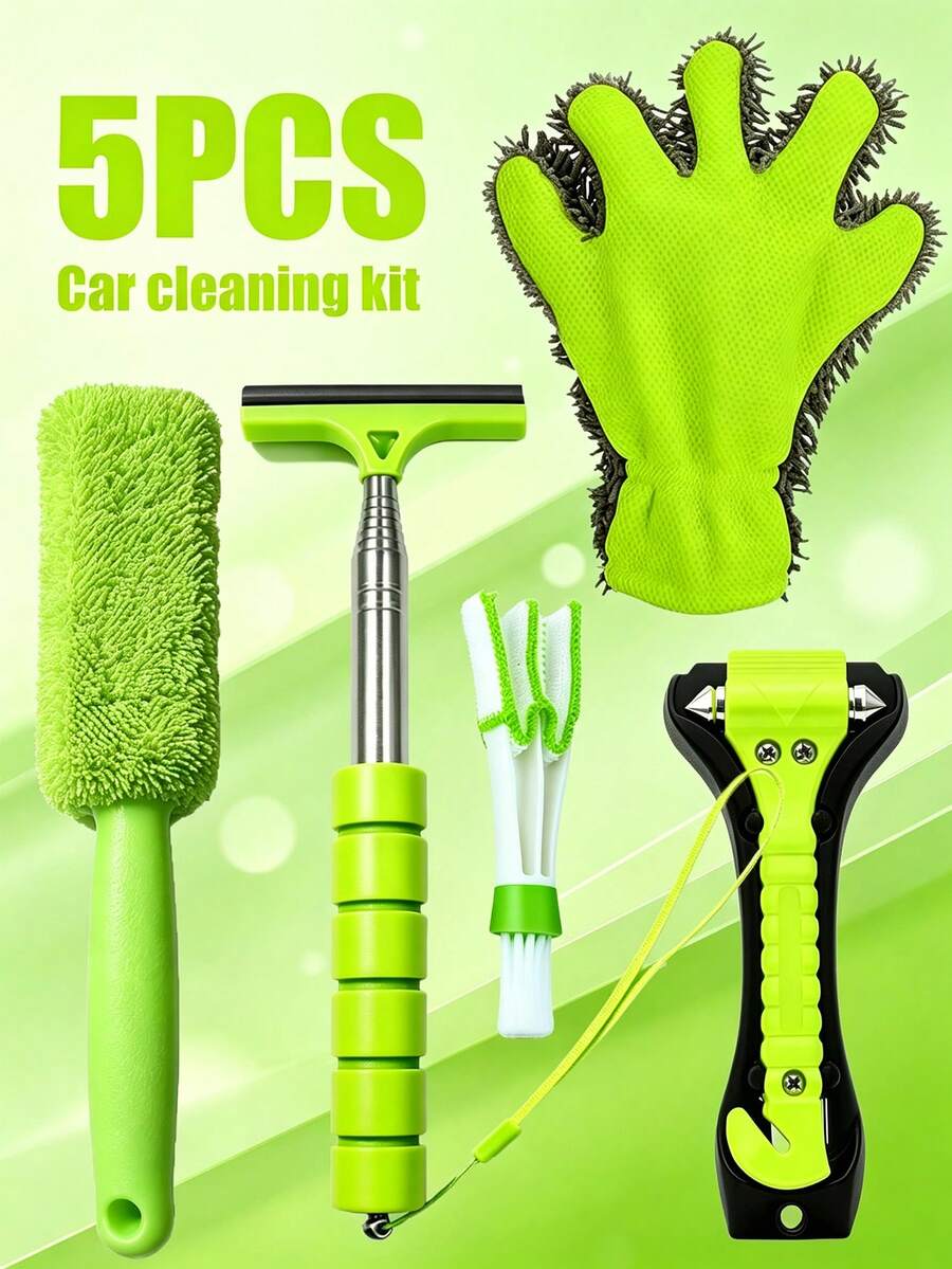 5PCS Car Cleaning Set: 5-Finger Wash Mitt, Chenille Wheel Sponge Brush, Air Vent Duster, Rearview Mirror Squeegee, Multi-Function Emergency Escape Window Breaker Hammer - 5pcs - View 1