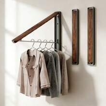 Vintage Foldable Wall-Mounted Clothes Rack, Black Walnut Wood Grain + Space Aluminum Alloy Bracket Design, Foldable Telescopic Drying Rod, Suitable For Wall, Door, Window And Other Multiple Scenes, Space-Saving Clothes Storage Rack For Bedroom, Balcony, Bathroom - Multicolor - View 7