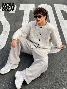 Men's Autumn/Winter Casual Retro Cable Knit Round Neck Solid Color Cardigan, Loose Fit Slouchy Sweater Jacket - Apricot - View 1