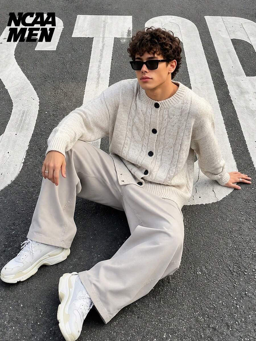Men's Autumn/Winter Casual Retro Cable Knit Round Neck Solid Color Cardigan, Loose Fit Slouchy Sweater Jacket - Apricot - View 1