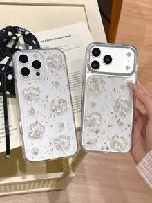 1pc Ins Style Drip Glue Pearl Glass Flower 17 Pro Max Phone Case, Apple 16 New 15 Pro Super Pretty 14 Transparent Women's 16 Plus Shell 13/12/11 Full Coverage Anti-Drop - Clear - View 2