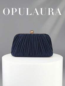 OpulAura 復古奢華手拿包，海軍藍亮面百褶設計時尚派對包，正式晚宴手拿包，高端方盒小包，適合派對/婚禮/正式場合晚餐，附鏈條 - 藏蓝色 - 查看 1